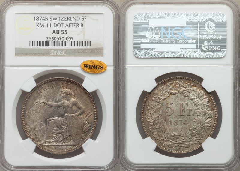 Confederation 5 Francs 1874-B. AU55 NGC, Brussels mint, KM11, Dav-376. The dot a...