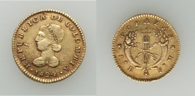 Pair of Uncertified gold Issues, 1) Colombia: Republic Escudo 1824 Popayan-FM - VF (surface hairlines), KM81.2. 19mm. 3.97gm. 2) Chile: Republic 2 Esc...