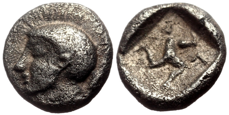 Pamphylia, Aspendos AR Obol (Silver, 0.58g, 6mm) ca 465-430 BC.
Obv: Helmeted he...