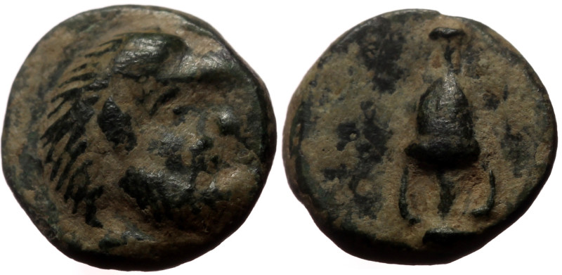 Cilicia, Nagidos AE (Bronze, 0.91g, 10mm) ca 400-380 BC
Obv: Bearded head of Pan...