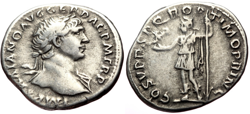 Trajan (98-117) AR Denarius (Silver, 3.26g, 19mm) Rome, 107-111. 
Obv: IMP TRAIA...