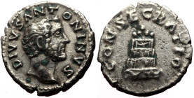 Divus Antoninus Pius (died 161) AR denarius (Silver, 3.26g, 18mm, Rome, under Marcus Aurelius and Lucius Verus, 161. 
Obv: DIVVS ANTONINVS, bare head ...