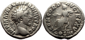 Marcus Aurelius (161-180) AR Denarius (Silver, 3.12g, 18mm) Rome, 161. 
Obv: IMP M AVREL ANTONINVS AVG, laureate head to right 
Rev: CONCORD AVG TR P ...