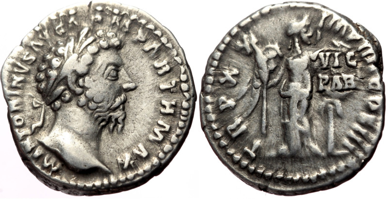 Marcus Aurelius (161-180) AR Denarius (Silver, 3.36g, 19mm) Rome, 166. 
Obv: M A...