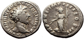Marcus Aurelius (161-180) AR Denarius (Silver, 2.90g, 19mm) Rome.
Obv: M ANTONINVS AVG ARM PARTH MAX, Laureate head right.
Rev: TR P XXII IMP IIII COS...
