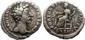 Marcus Aurelius (161-180) AR Denarius (Silver, 2.58g, 19mm) Rome, 168. 
Obv: M ANTONINVS AVG ARM PARTH MAX, laureate head to right 
Rev: FORT RED TR P...