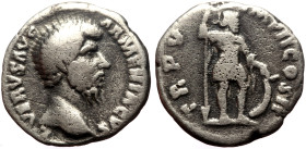 Lucius Verus (161-169) AR Denarius (Silver, 2.42g, 17mm) Rome, 165. 
Obv: L VERVS AVG ARMENIACVS, laureate head right 
Rev: TR P V IMP II COS II, Mars...
