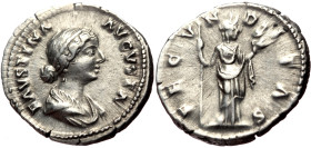 Faustina II (Augusta, 147-175) AR Denarius (Silver, 3.45g, 19mm) 161-176. 
Obv: FAVSTINA – AVGVSTA Draped bust r., hair waved and coiled on back of he...