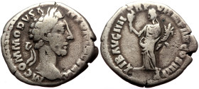 Commodus (177-192) AR Denarius (Silver, 2.86g, 18mm) Rome, 181. 
Obv: M COMMODVS ANTONINVS AVG, laureate head of Commodus to right 
Rev: LIB AVG IIII ...