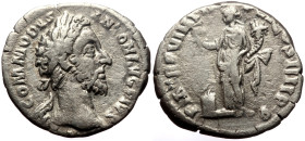 Commodus (177-192) AR Denarius (Silver, 3.22g, 18mm) Rome.
Obv: M COMMODVS ANTON AVG PIVS, Laureat head right.
Rev: P M TR P VIIII COS III P P, Felici...