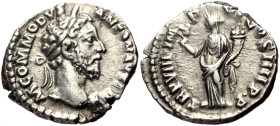 Commodus (177-192) AR Denarius (Silver, 3.10g, 18mm) Rome, 186-187.
Obv: M COMM•ANT P FEL AVG BRIT, Laureate head of Commodus to right.
Rev: P M TR P ...