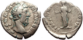Commodus (177-192) AR Denarius (Silver, 2.22g, 18mm) Rome, 186-187.
Obv: M COMM•ANT P FEL AVG BRIT, Laureate head of Commodus to right.
Rev: P M TR P ...