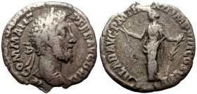 Commodus (177-192) AR Denarius (Silver, 1.79g, 17mm) Rome, 186-187. 
Obv: M COMM ANT P FEL AVG BRIT, laureate head right 
Rev: HILAR AVG P M TR P XII ...