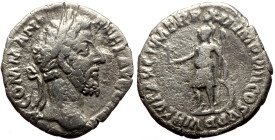 Commodus (177-192) AR Denarius (Silver, 1.95g, 17mm) Rome, 186-187. 
Obv: M COMM ANT P FEL AVG BRIT Laureate head of Commodus to right. 
Rev: VIRTVT A...