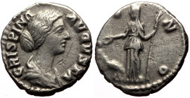 Crispina (Augusta, 178-182) AR Denarius (Silver, 2.91g, 17mm) Rome.
Obv: CRISPINA AVGVSTA, Draped bust right.
Rev: IVNO, Juno standing left with pater...