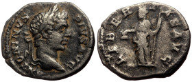 Caracalla (211-217) AR Denarius (Silver, 2.96g, 19mm) Rome
Obv: ANTONINVS PIVS AVG, laureate head right 
Rev: LIBERTAS AVG, Libertas standing left hol...