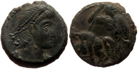 Constantius II (337-361) AE (Bronze, 4.97g, 16mm) unknown issue
Obv: Pearl-diademed, draped, and cuirassed bust right
Rev: Soldier standing left, sp...