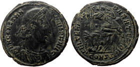 Constantius II (337-361) AE Follis (Bronze, 5.24g, 24mm) Constantinople, 351 - 355
Obv: D N CONSTAN-TIVS P F AVG: Bust of Constantius II, pearl-diade...