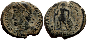 Procopius (Usurper, 365-366) AE (Bronze, 4.74g, 20mm) Constantinople
Obv: Pearl-diademed, draped, and cuirassed bust left
Rev: Procopius standing fa...