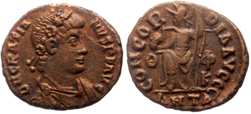 Gratian (367-383) AE (Bronze, 2.59g, 17mm) Antioch, 378-383. 
Obv: D N GRATIANVS...