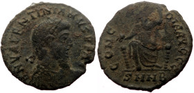Valentinian II (375-392), cententionalis (Bronze, 2.11 g, 17.6 mm), Nikomedia.
Obv: D N VALENTINIANVS P F AVG, pearl diademed, draped and cuirassed b...