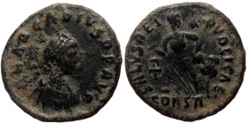 Arcadius (383-408) AE (Bronze, 1.43g, 14mm) Constantinople, 388-392
Obv: D N ARCADIVS P F AVG, pearl-diademed, draped, and cuirassed bust right
Rev:...