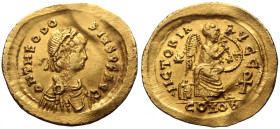Theodosius II AV Semissis (Gold, 2.23g, 19mm) Constantinople, 420-422.
Obv: D N THEODOSIVS P F AVG, pearl-diademed, draped and cuirassed bust to righ...