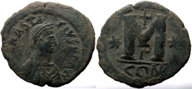 Anastasius I (491-518), follis (Bronze, 17.59 g, 34.9 mm), Constantinople.
Obv: [D]N ANASTA - SIVS P P AVG, pearl diademed, draped, cuirassed bust of ...