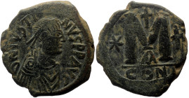 Justin I (518-527) AE Follis (Bronze, 16,28g, 31mm) Constantinople 1st officina. Struck 518-527. 
Obv: Diademed, draped, and cuirassed bust right 
Rev...