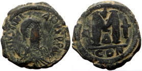 Justinian I (527-565) AE Follis (Bronze, 17.19g, 30mm) Constantinople, 4th officina. 527-537. 
Obv: Diademed, draped, and cuirassed bust right 
Rev: L...