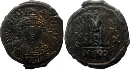 Justinian I (527-565) AE Follis (Bronze, 17.53g, 33mm) Nicomedia, 2nd officina, Dated RY 30 (556/7). 
Obv: Diademed, helmeted, and cuirassed facing bu...