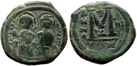 Justin II and Sophia (565-578) AE Follis (Bronze, 14.95g, 29mm) Constantinople, year 3. 
Obv: D N IVSTINVS PP AVG legend with Justin left holding glob...