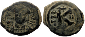 Justin II AE Half Follis (Bronze, 6.42g, 25mm) Antioch, 565-578 
Obv: DN IVSTINVS PP V legend with helmeted and cuirassed bust facing, holding Victory...