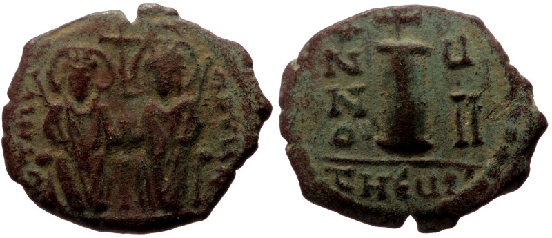 Justin II and Sophia AE Decanummium (Bronze, 2.88, 20mm) Antioch Theopolis. 
Obv...