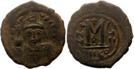 Tiberius II Constantine (578-582) AE Follis (Bronze 11.05, 31mm) Nicomedia 2nd officina. Dated RY 3 (577/8).
Obv: Crowned facing bust, holding globus-...
