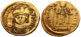 Maurice Tiberius (582-602) AV Solidus (Gold, 4.41g, 21mm) Constantinople, 583-602.
Obv: ∂ N MAVRC TIb P P AVG, helmeted, draped and cuirassed bust fac...