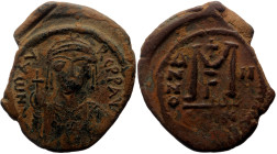 Maurice Tiberius (582-602) AE Follis (Bronze, 12.84g, 31mm) Constantinople, 3rd officina, Dated RY 2 (583/4). 
Obv: Helmeted and cuirrased bust facing...