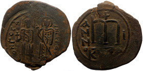 Phocas (602-610) AE Follis (Bronze, 12.35g, 34mm) Cyzicus, regnal year 1 (602-603) 
Obv: ON FOCA – INPEP AЧ, Phocas and Leontia standing facing, the E...