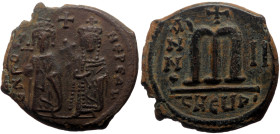 Phocas (602-610) AE (Bronze, 10.39g, 27mm) Antioch, Year 2 = 603/604. 
Obv: O N FOCA NЄ PЄ AV, Phocas on left and Leontia on right, standing facing; h...