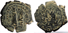 Heraclius, with Heraclius Constantine (610-641) AE Follis (Bronze, 12.04g, 33mm) Constantinople, 4th officina, Dated RY 4 (614).
Obv: Heraclius, on l...