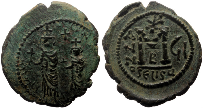 Heraclius, with Heraclius Constantine (610-641) AE Follis (Bronze, 12.77g, 33mm)...