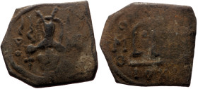 Islamic, time of the Rashidun, pseudo-Byzantine type of fals (Bronze, 3.70 g, 22.2 mm), imitating a EN T૪TO NIKA follis of Constans II, uncertain mint...