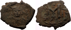 Islamic, time of the Rashidun, pseudo-Byzantine type of fals (Bronze, 4.15 g, 26.1 mm) imitating a follis of Constans II, uncertain mint, circa 24/5-2...