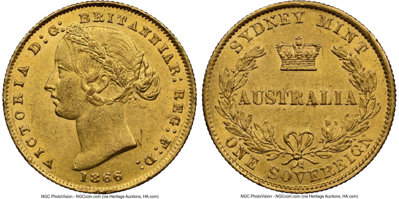 Victoria gold Sovereign 1866-SYDNEY MS62 NGC, Sydney mint, KM4, Marsh-A371. A de...