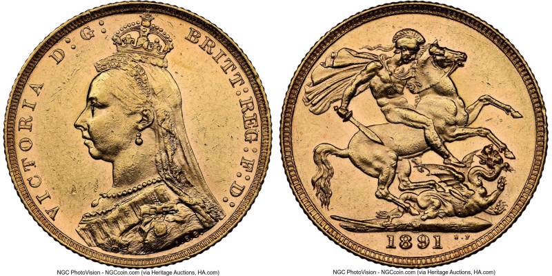 Victoria gold Sovereign 1891-M AU58 NGC, Melbourne mint, KM10. Semi-prooflike st...