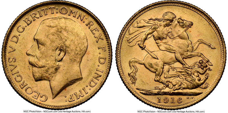 George V gold Sovereign 1916-M MS63 NGC, Melbourne mint, KM29, S-4000. HID098012...