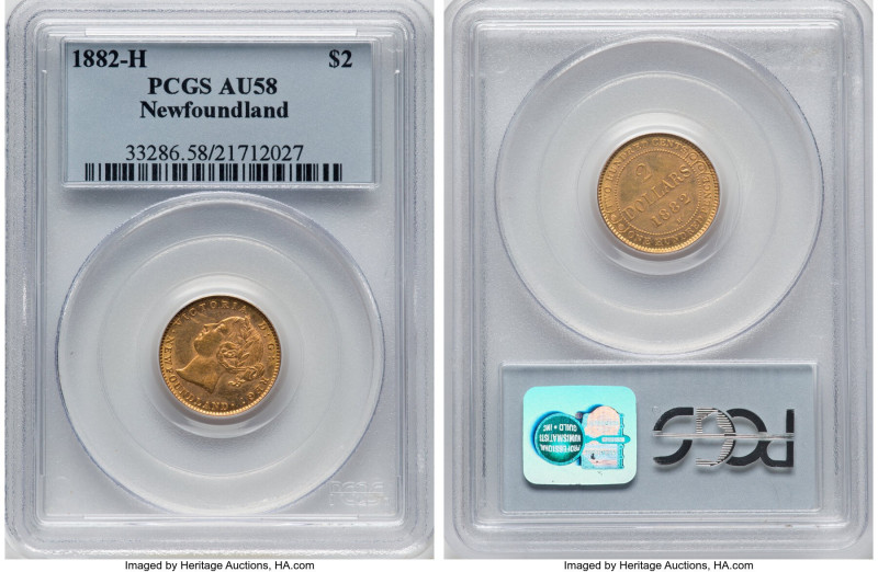 Newfoundland. Victoria gold 2 Dollars 1882-H AU58 PCGS, Heaton mint, KM5. A Heat...