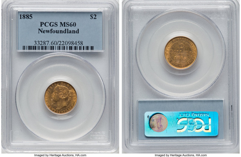 Newfoundland. Victoria gold 2 Dollars 1885 MS60 PCGS, London mint, KM5. A beauti...