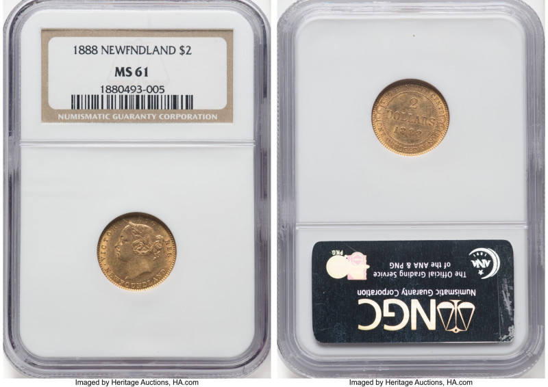 Newfoundland. Victoria gold 2 Dollars 1888 MS61 NGC, London mint, KM5. HID098012...