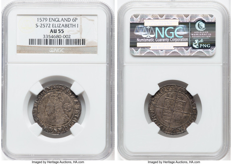 Elizabeth I (1558-1603) 6 Pence 1579 AU55 NGC, Tower mint, Greek Cross mm, S-257...